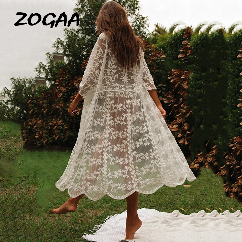 

ZOGAA Summer Boho White Lace Women Beach Long Dress Sexy Hollow Out Transparent Mesh Holiday Embroidery Female Elegant Cardigan