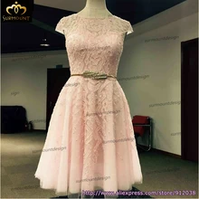 Echt maß scoop neck kappen-hülsen a line rosa knielangen online-shop china party kleider