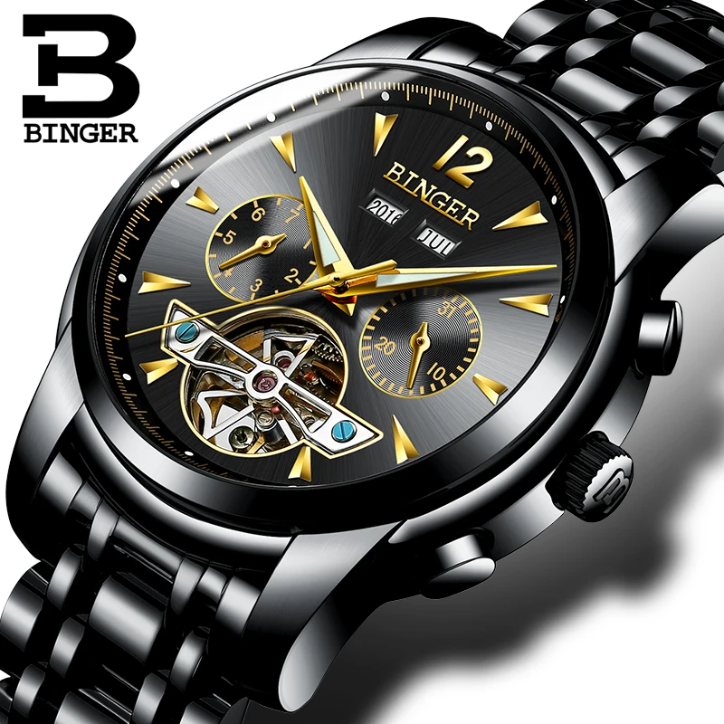 

BINGER Automatic Watch Men Skeleton Tourbillon Mechanical Watch Sport Waterproof Automatic Watch Clock Man relogio masculino New