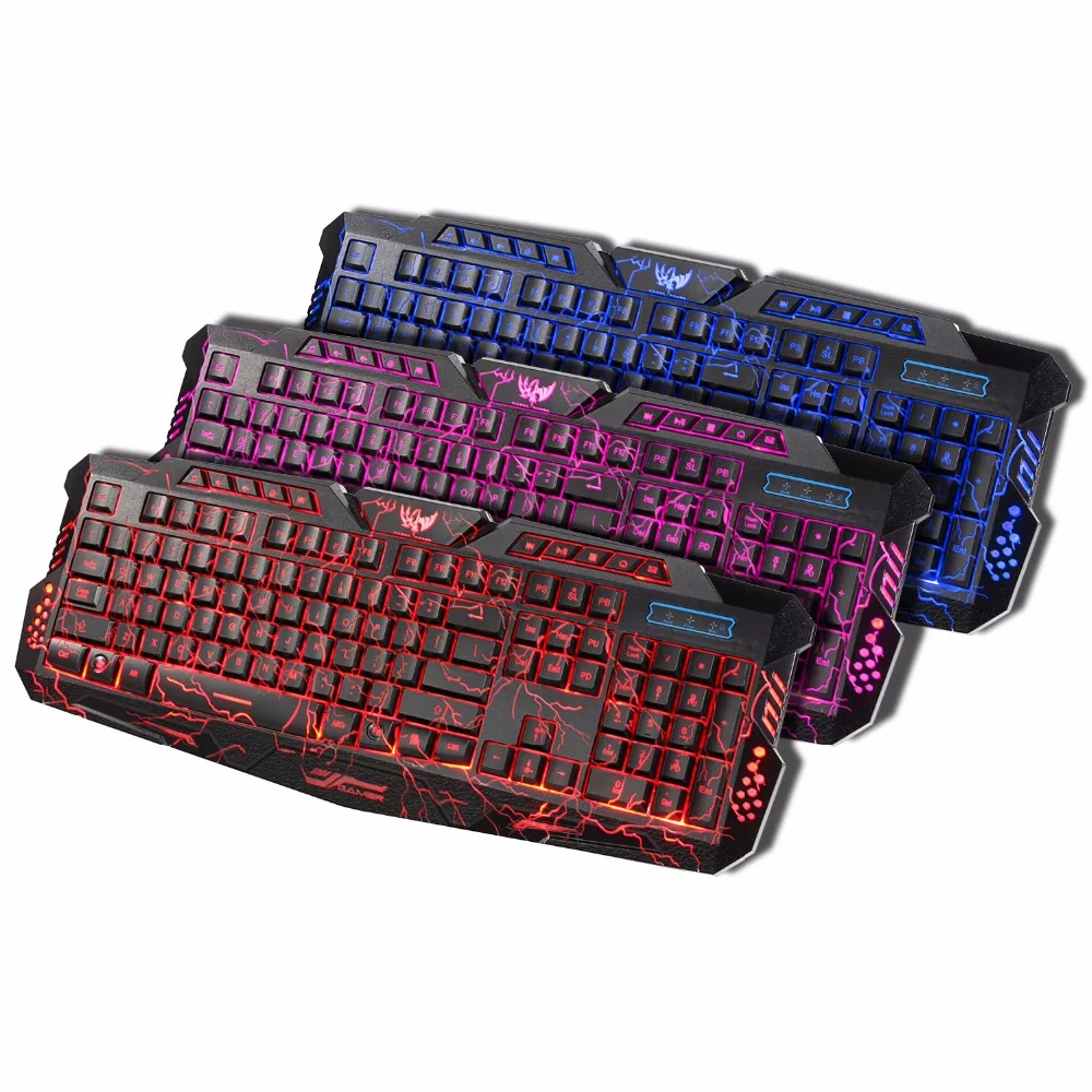  English Version Gaming Keyboard Gamer 3 color Switchable Backlights LED USB Wired Game Keyboard for