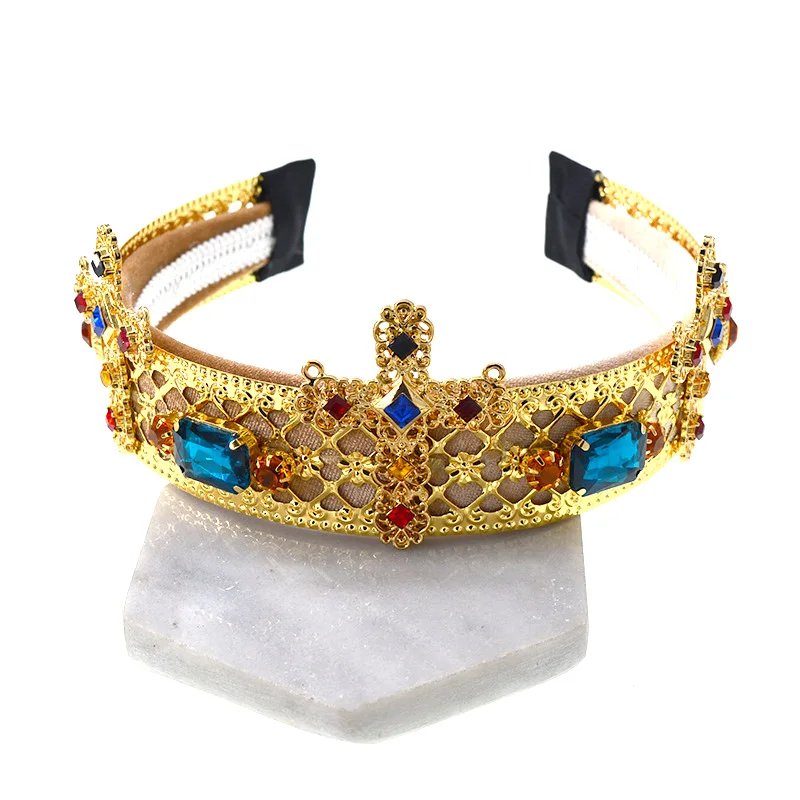 

2019 New vintage Crystal Baroque headband Crown wider gold metal tiara cross bridal wedding hair accessories hair jewelry