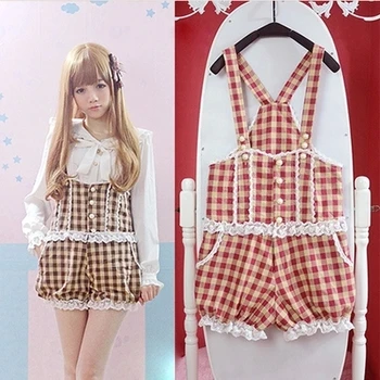 

Red Plaid Women Overalls Princess Lolita Girls Overalls Vintage Lace Jumpsuits Bow Bloomers Suspender Shorts Bodysuits