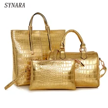 3 Unids Alligator Crocodile Mujeres Set Bolso de Cuero Famosa Marca de Lujo de Las Mujeres Bolsos de Hombro Bolsos de Las Señoras Bolso de Embrague Bolsa de Oro