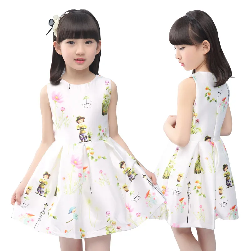 

2018 Summer Girls Dress Cartoon Printed Flower Sleeveless Princess Dresses For Girls 2-7 Years Kids Costume Children Clothing