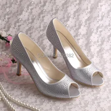 Wedopus New Style Heeled Wedding Shoes Open Toe Rhinestone Silver Satin Size 38
