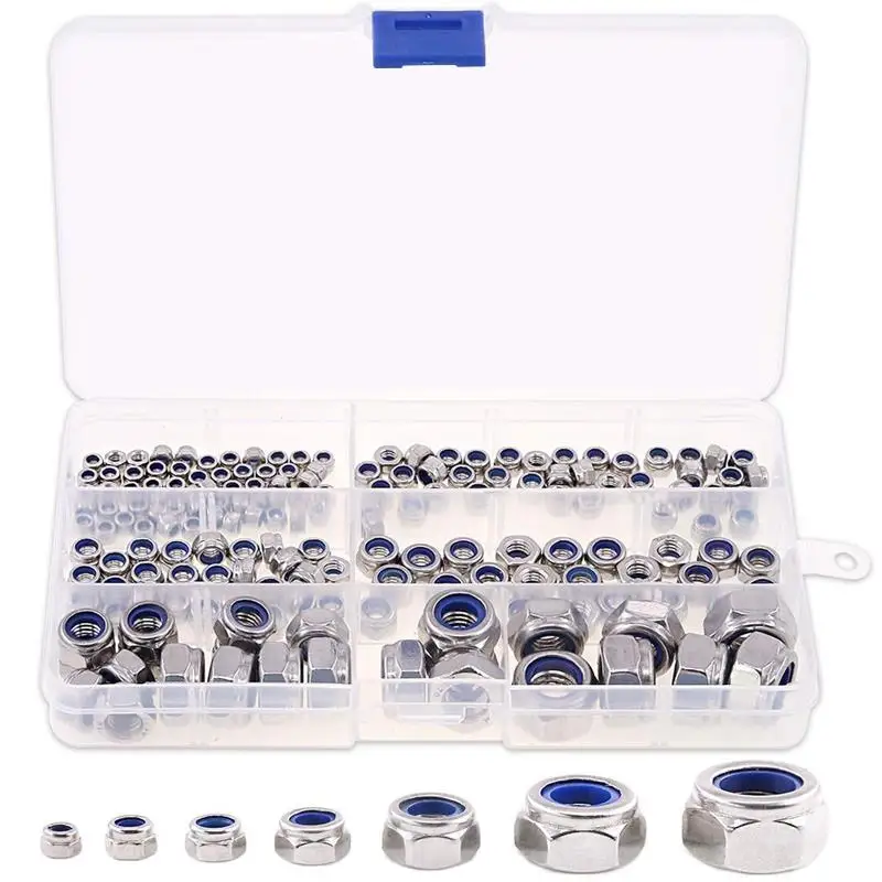 

185Pcs 304 Stainless Steel Metric Nylon Insert Lock Nut Assortment Kit - 7 Sizes: M3 M4 M5 M6 M8 M10 M12