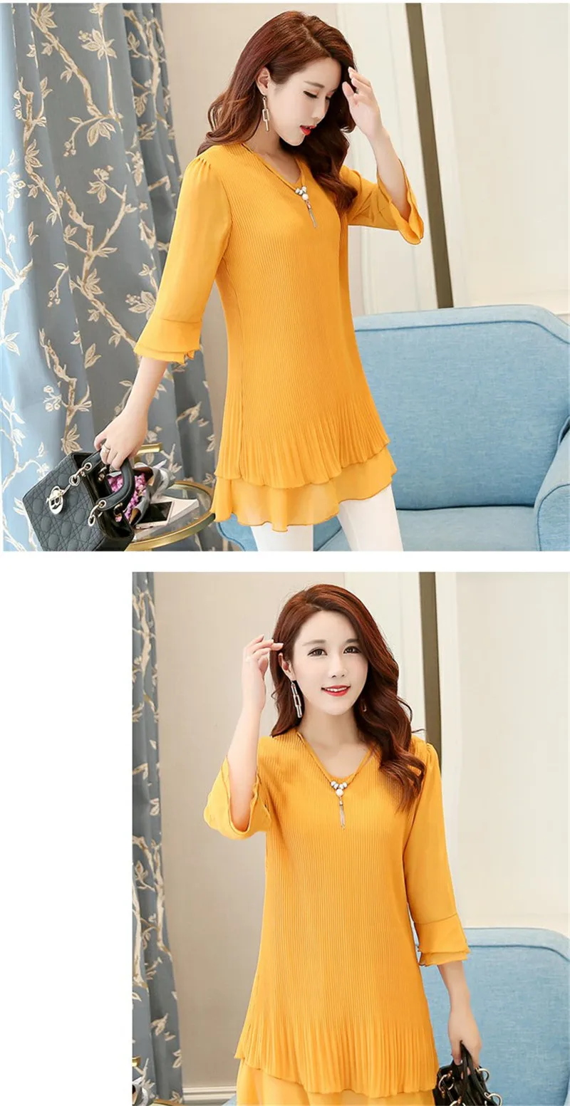 TEAEGG New Elegant Women Chiffon Blouses Office Lady Half Sleeve Shirt Formal Blusas High Quality Plus Size 5XL Tops AL855