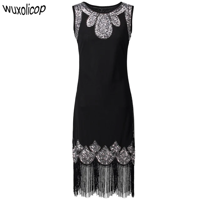 Stretchy Little Black Dress Womens 1920s Vintage Fringe Embellished Sequin Beaded Flapper Gatsby Tunic Top Stretchy Little Black Dress Womens 1920s Vintage Fringe Embellished Sequin Beaded Flapper Gatsby Tunic Top