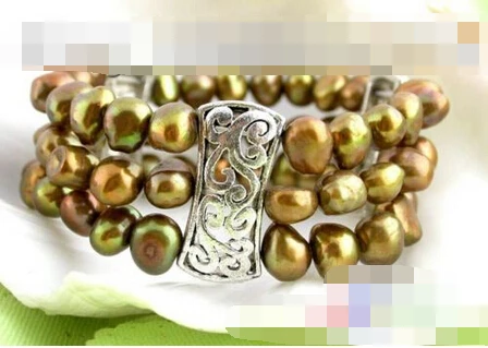 

free shipping 01110 3row baroque freshwater coffee pearls bracelet