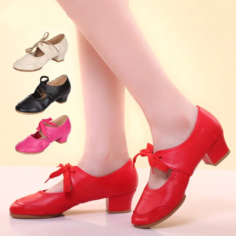 

2018 Woman Girls Modern Dance Latin Dancing Shoes Black/ Red/ Beige/ Rose Red Soft Bottom Cha Cha Rumba Dance Shoes Heel 4cm