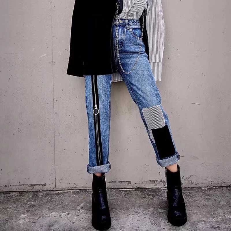 

2019 spring street hip-hop women zipper color paste patch denim trousers fringed trousers straight leg