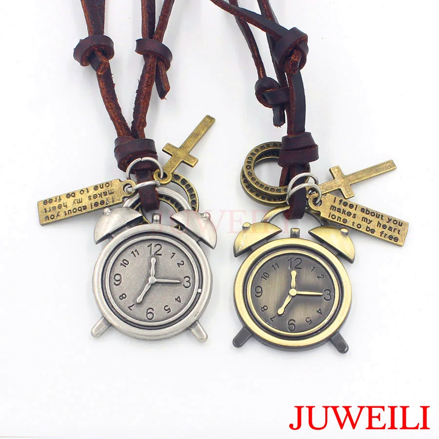 JUWEILI Jewelry 10pcs Alarm Clock Camera Copper Metal Adjustable Leather Necklace Pendant Charm