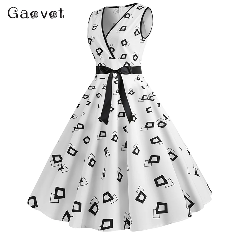 

Gaovot 2019 Women Summer Dress V Neck Dot Bow Sashes Tank Sleeveless Dress Party Loose Casual Vestidos XH0013