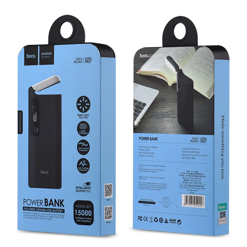 HOCO 15000mAh 18650 USB Power Bank with LED table lamp and power source Portable External Battery Universal Mobile Phone Charger