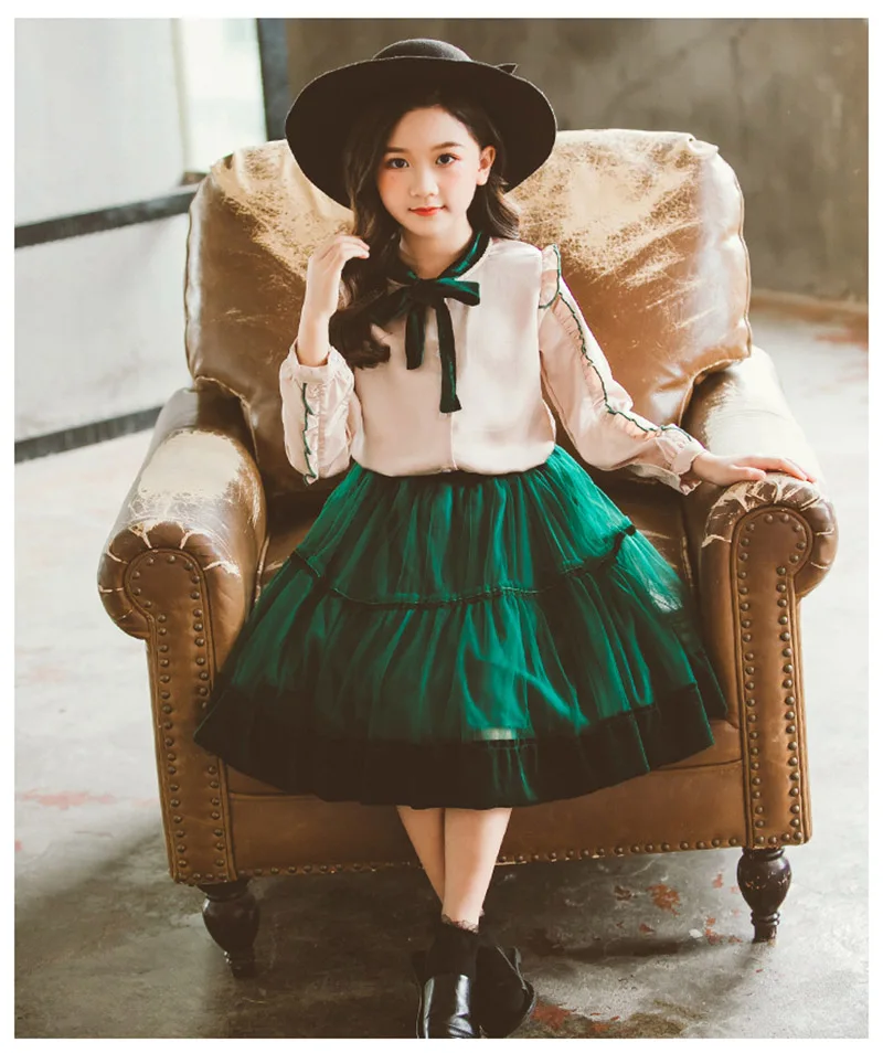 spring girls shirt dress children Chiffon two-piece suit for girls clothes (4)