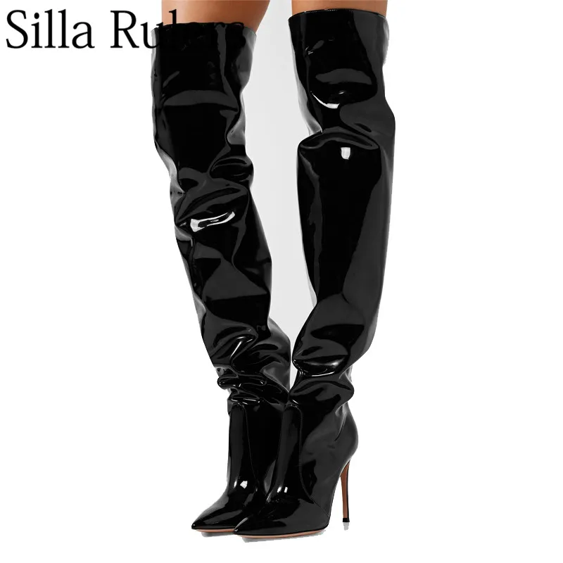 

Silla Rulers 2018 Winter Black Patent Leather High Heels Chivalry Boots Pointed Toe Over The Knee Boots Thigh High Boots Woman