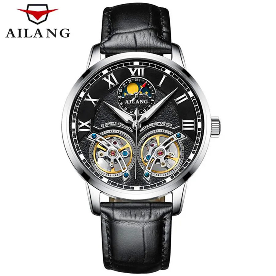 AILANG, двойной турбийон, мужские часы, лучший бренд, Роскошные автоматические механические часы, мужские водонепроницаемые наручные часы из нержавеющей стали - Цвет: Black and Silver