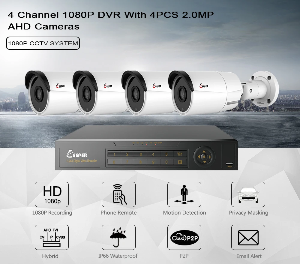 Хранитель DVR Наборы 4ch камеры видеонаблюдения Комплект 2,0 МП камеры видеонаблюдения dvr 1080 P AHD ИК светодио дный аппарат для дома с H.264 кабель