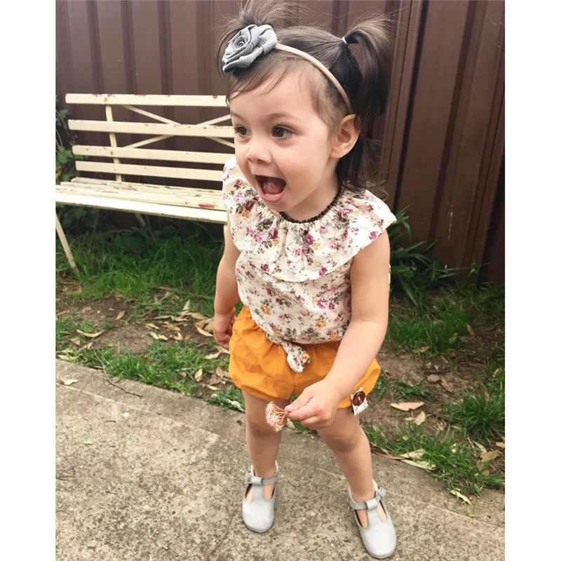 Girls suit summer 2019 new cotton Toddler Kids Girl Floral Sleeveless Tops+Bow Shorts Pants Outfits Clothes Set  (8)
