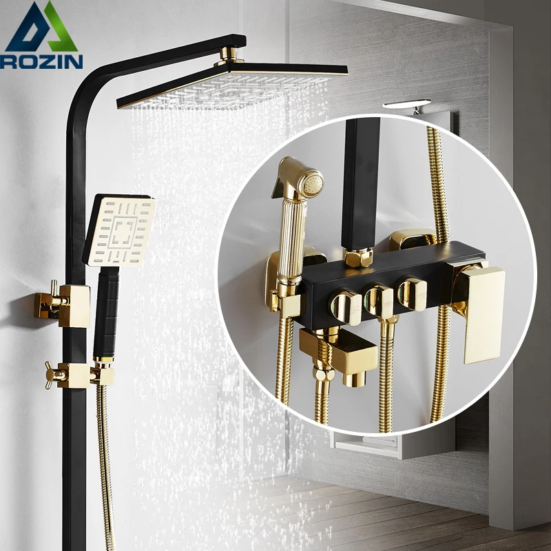 Black Golden Shower Faucet Rainfall Shower Mixer Set With Bidet Sprayer