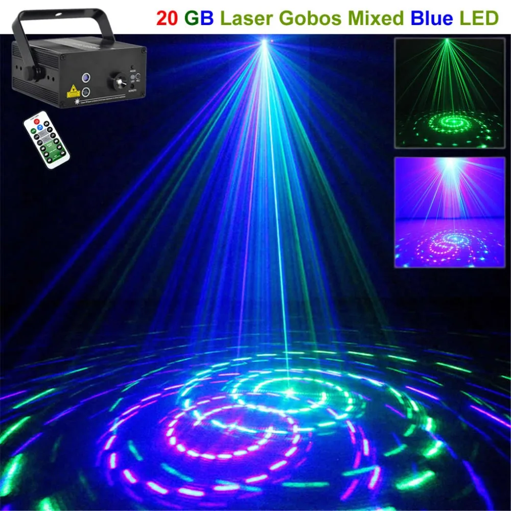

Mini GB Green Blue 20 Gobos Remote Laser Projector Light 3W Blue LED Mixing Effect DJ KTV Party Show Holiday Stage Lighting 20GB