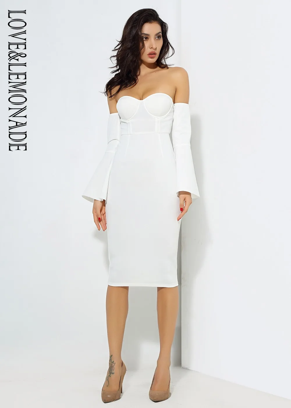 Любовь и лимонад. Белые облегающие Вечерние платья из плотной ткани с рукавом-колокольчиком LM0712