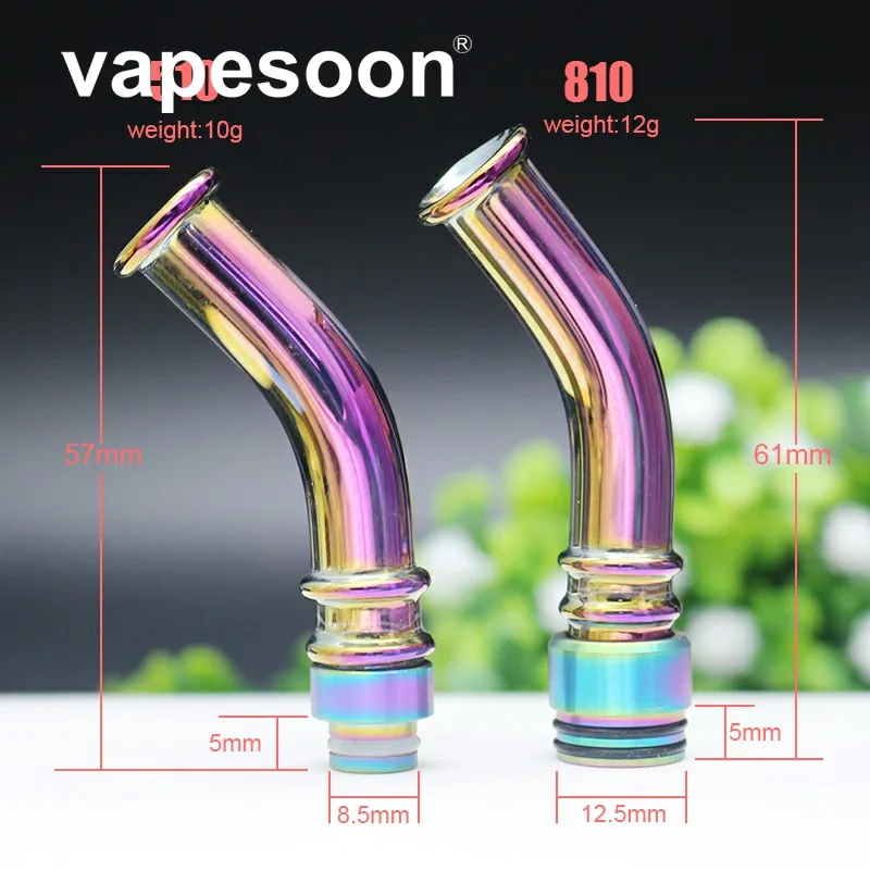 

VapeSoon 510/810 Long Glass Stainless Steel Rainbow Color Drip Tip Bent Mouthpiece Retail Package
