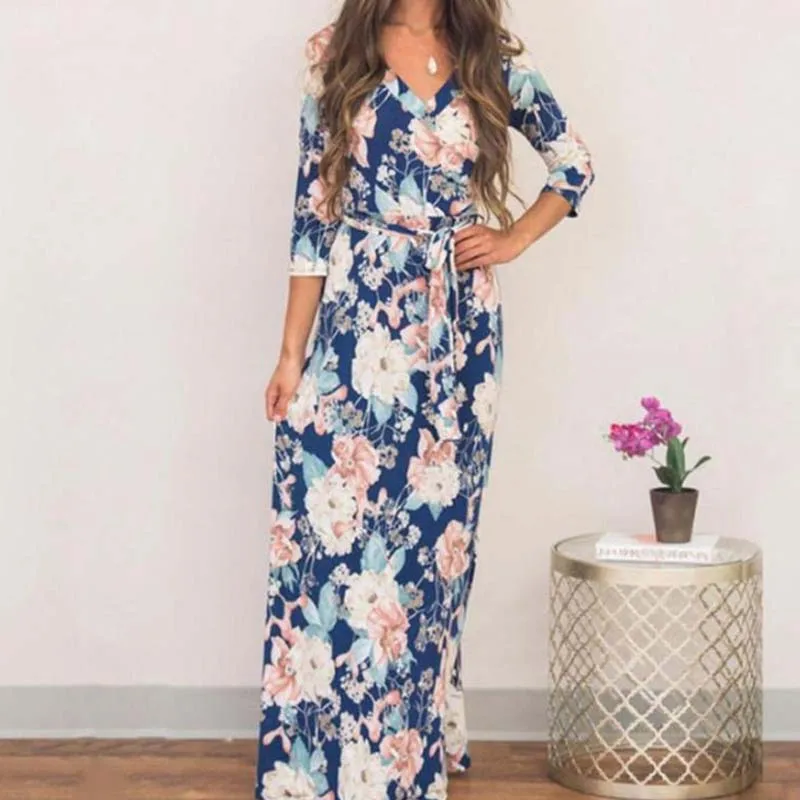 

Women's V-neck fashion seaside holiday beach print dress