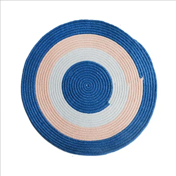 

Blue Striped Hand Woven Round Area Rugs Soft and Thick Rug for Bedrooms Non-slip Washable Durable Living Room Carpet Foot Mat
