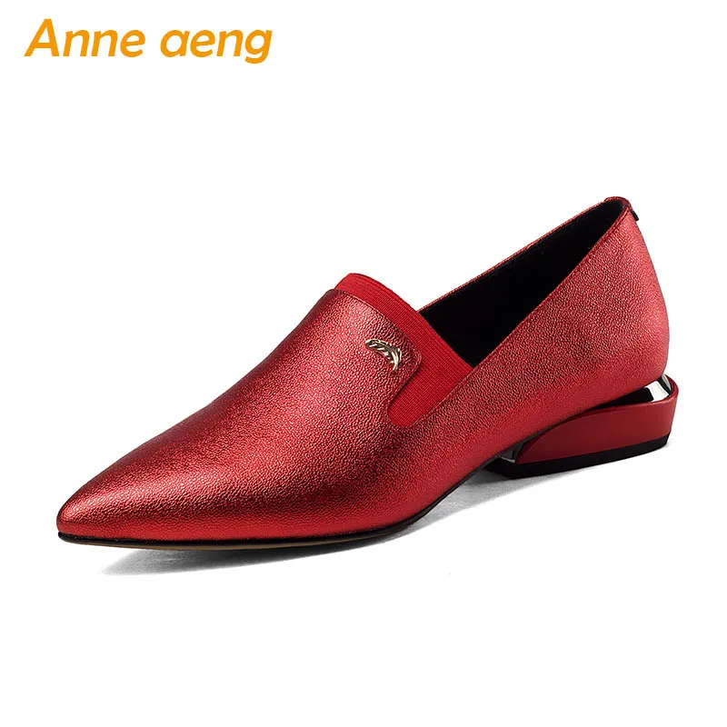 

New Spring/Autumn Genuine Leather Women Pumps Low Square Heels Cow Leather Upper Pointed Toe Sexy Ladies Women Shoes Red Pumps