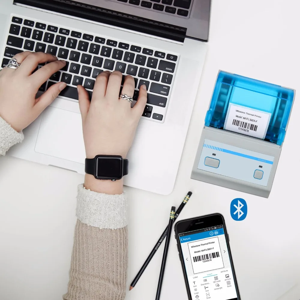 Термопринтер штрих кодов Milestone печать наклеек Поддержка Android IOS миниатюрный