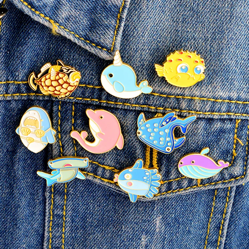 

Cute Cartoon Animal Underwater World Fish Shark Whale Dolphin Seahorse Brooch Pin Lapel Hat Badge Enamel Pins Brooches for Women