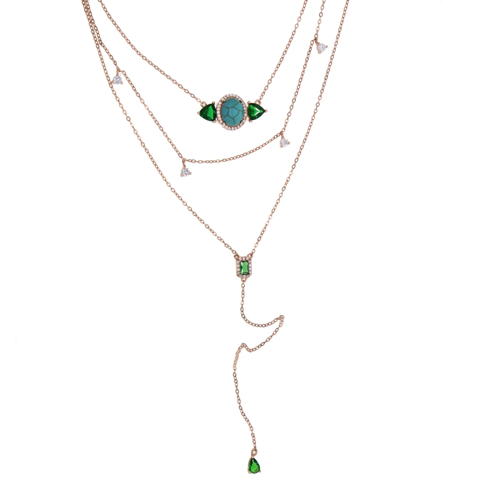 

3 Layers Chain 925 Sterling Silver Necklace square triangle CZ oval blue Turquoises for women charm Jewelry Multi Layer Pendents