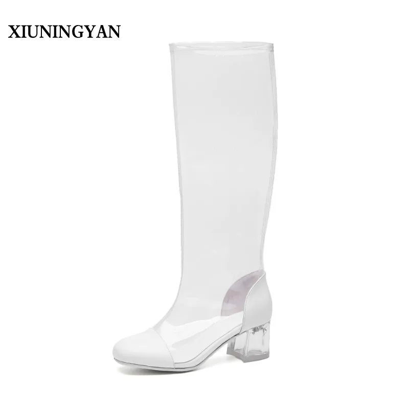 

XIUNINGYAN 2018 New Sexy PVC Transparent Gladiator Sandals Round Toe Shoes Clear Square Heels Sandals Lady Boots Sandals 39/26cm