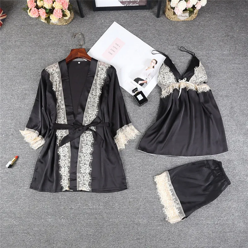 

hirigin New Arrivals 3pc Women Satin Lace Sleepwear Coat + V-neck Camis + Shorts Nightwear Set Sexy Ladies Autumn Erotic Sets