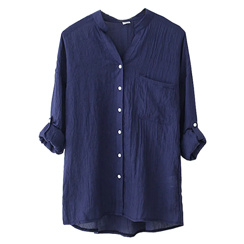 

2019 New Cotton Linen Casual Cool Women Shirts Plus Size Long Short Sleeve Two Wear Way Women Blouses