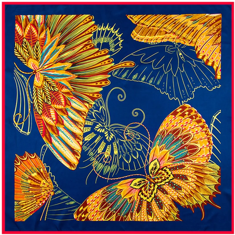 

100cm*100cm Twill Silk Women Square Hand Draw Paint Butterfly Print Scarf Femal High Quality Retro Brand Shawl Neck Tie Bands