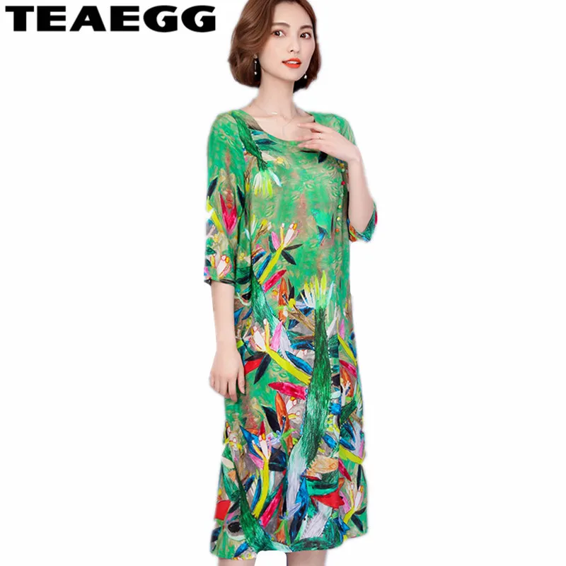 TEAEGG Elegant Green Summer Dress 2019 Print Floral Dress Plus Size 3XL