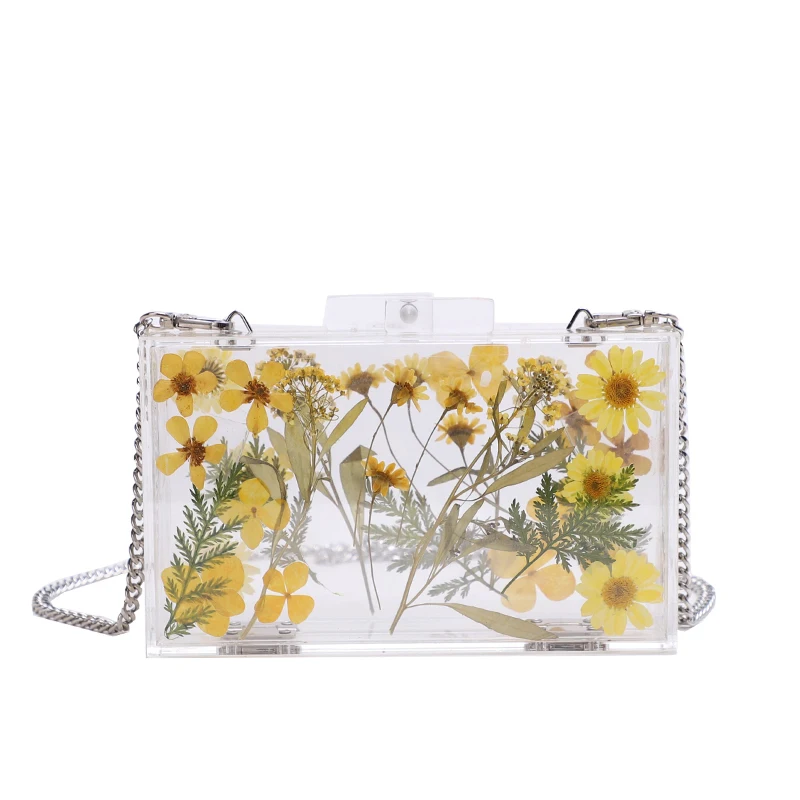 

Luxury Design Really Flower Evening Bags Wedding Banquet Party Transparent Clutch Feather Bride Crossbody Handbag Clear Hard Box
