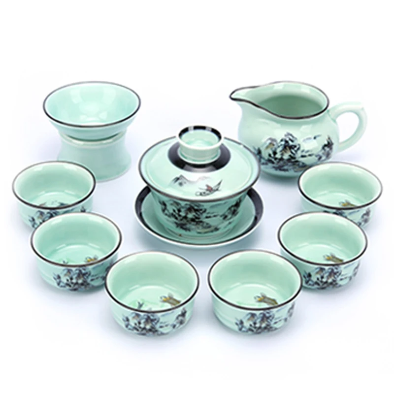 

Jingdezhen hand-painted celadon tea set home lotus Kung Fu ceramic set complete set of blue and white porcelain white porcelain