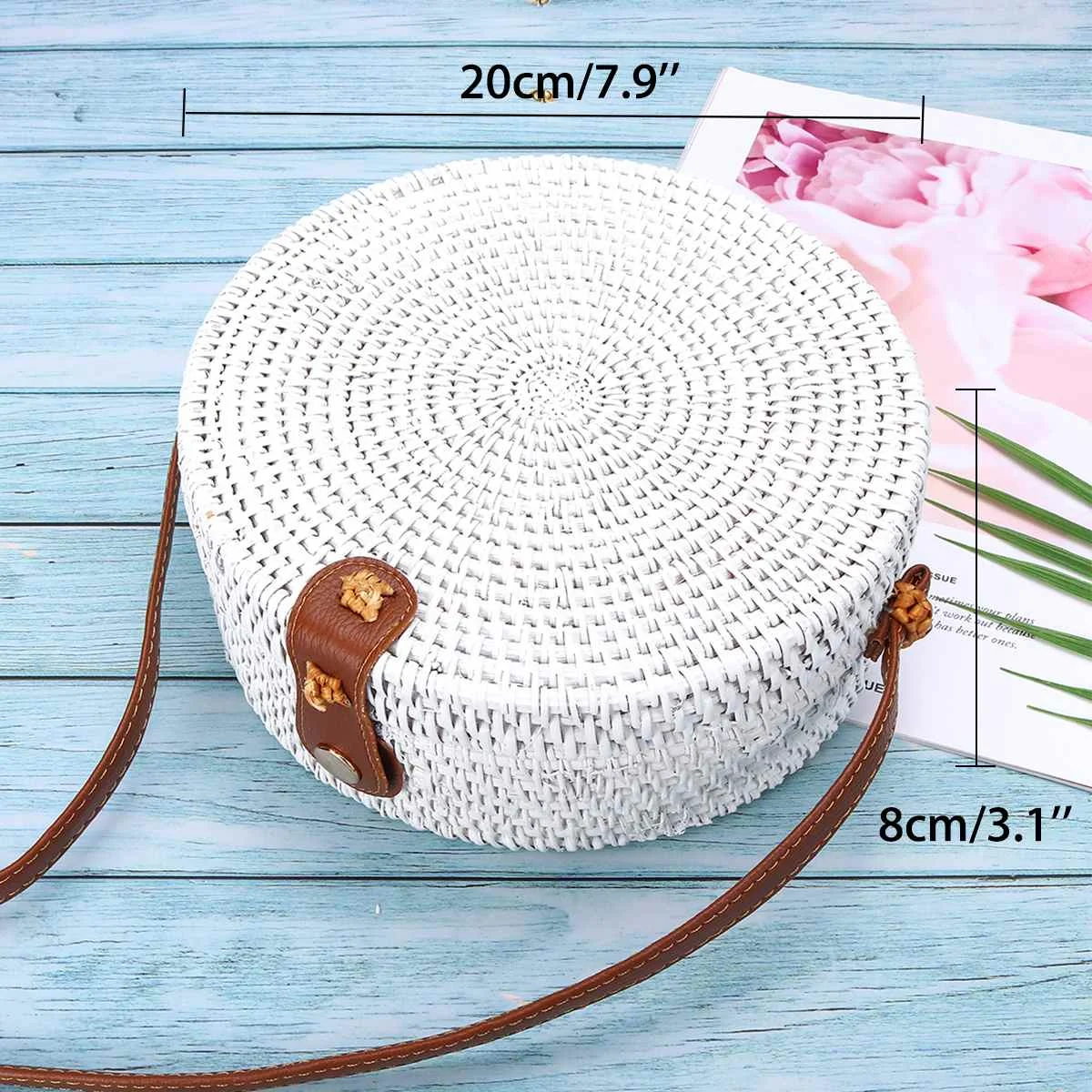 

Vintage Rattan Bags for Women 2019 Round Beach Bag PU Straps Ladies Handmade Handbag Crossbody Shoulder Straw Bag