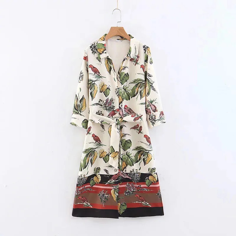 

Summer Dress Women Students Style Print Beach Dress Elegant Party School Floral Sleeve Button Dresses Famale Clothing with Tape