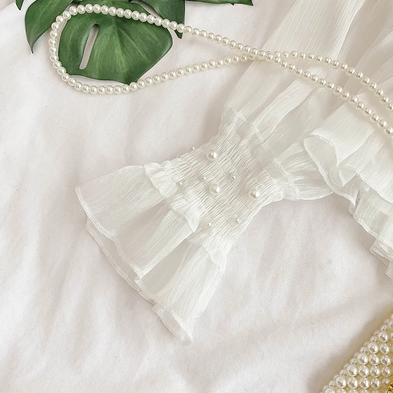 2019 ربيع جديد المرأة س الرقبة الديكور واحد الثدي طبقة الكشكشة فانوس كم الشيفون القمصان البلوزات الإناث أنيقة قميص