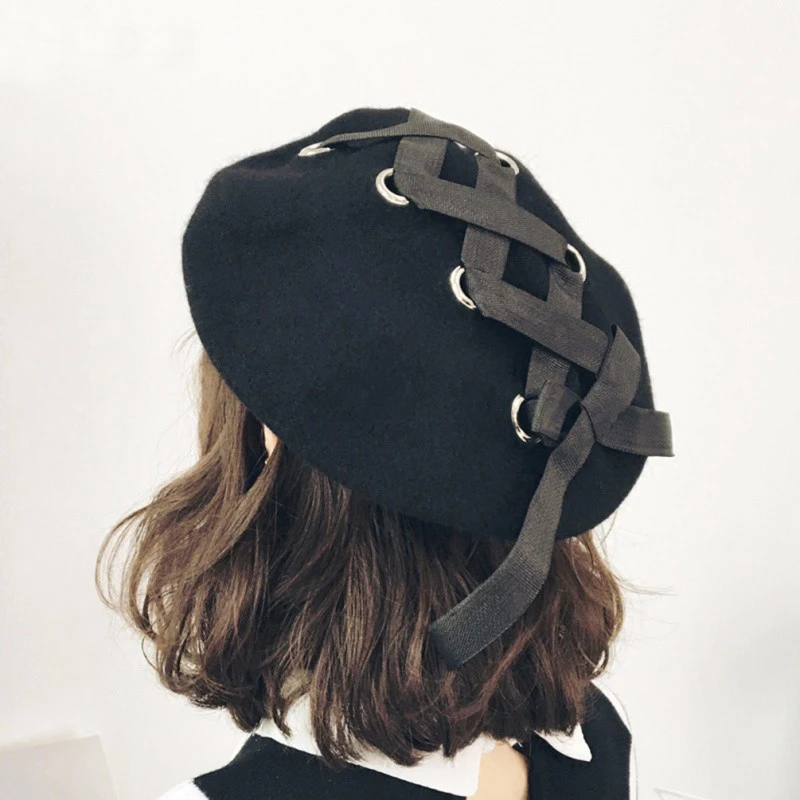 

Autumn Berets for Women Ribbon Lacing Wool Hat Black Beret for Girls Fashion Caps Black