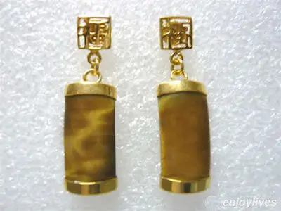 

Free shipping Real Tigereye Tiger's Eye Opal Yellow Gold Plated Fortune Earrings