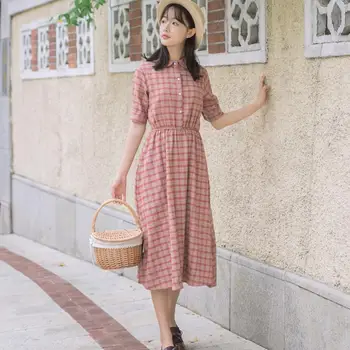 

Casual Women Plaid Summer Dress Fresh Mori Girl Summer Student Harajuku Bf Short Sleeve Dress