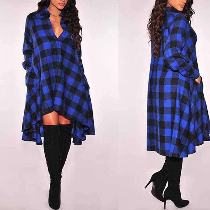 

New women plaid shirt dress sexy loose formal working wear dresses casual cotton OL Blusa Dress plus size vestiods WDC353