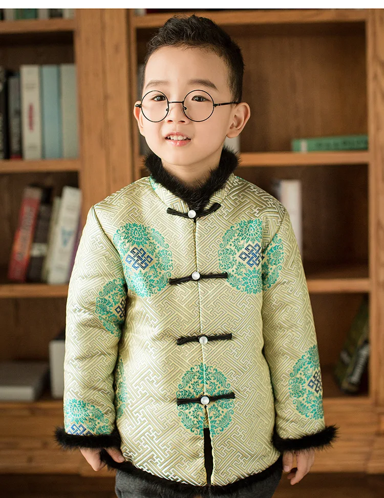 Китайская традиционная Новогодняя одежда для мальчиков; комплекты детской одежды; плотный весенний праздничный костюм с китайским узлом