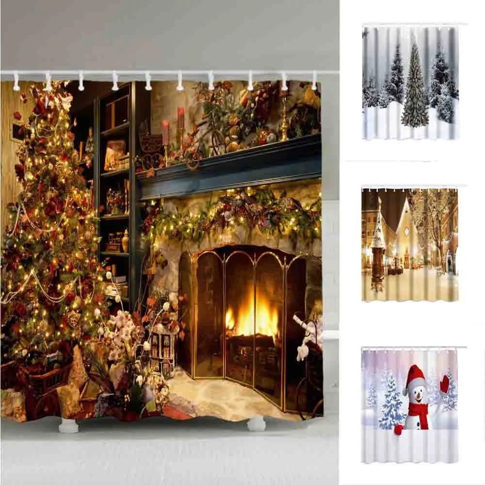 

Christmas Tree Shower Curtains Anti Slip Waterproof Polyester Fabric Bath Curtain Bath Mat With Hooks For Bathroom Curtains#20