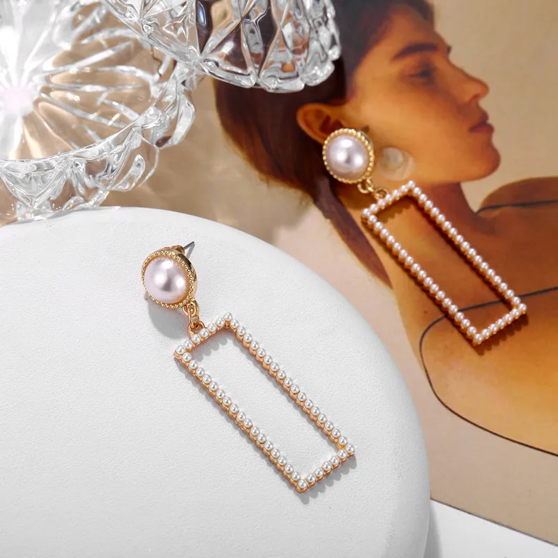 Fashion Statement Jewelry Simulated Pearl Long Earrings For Women Korean Round Heart Geometric Dangle Earring Wedding Jewelry